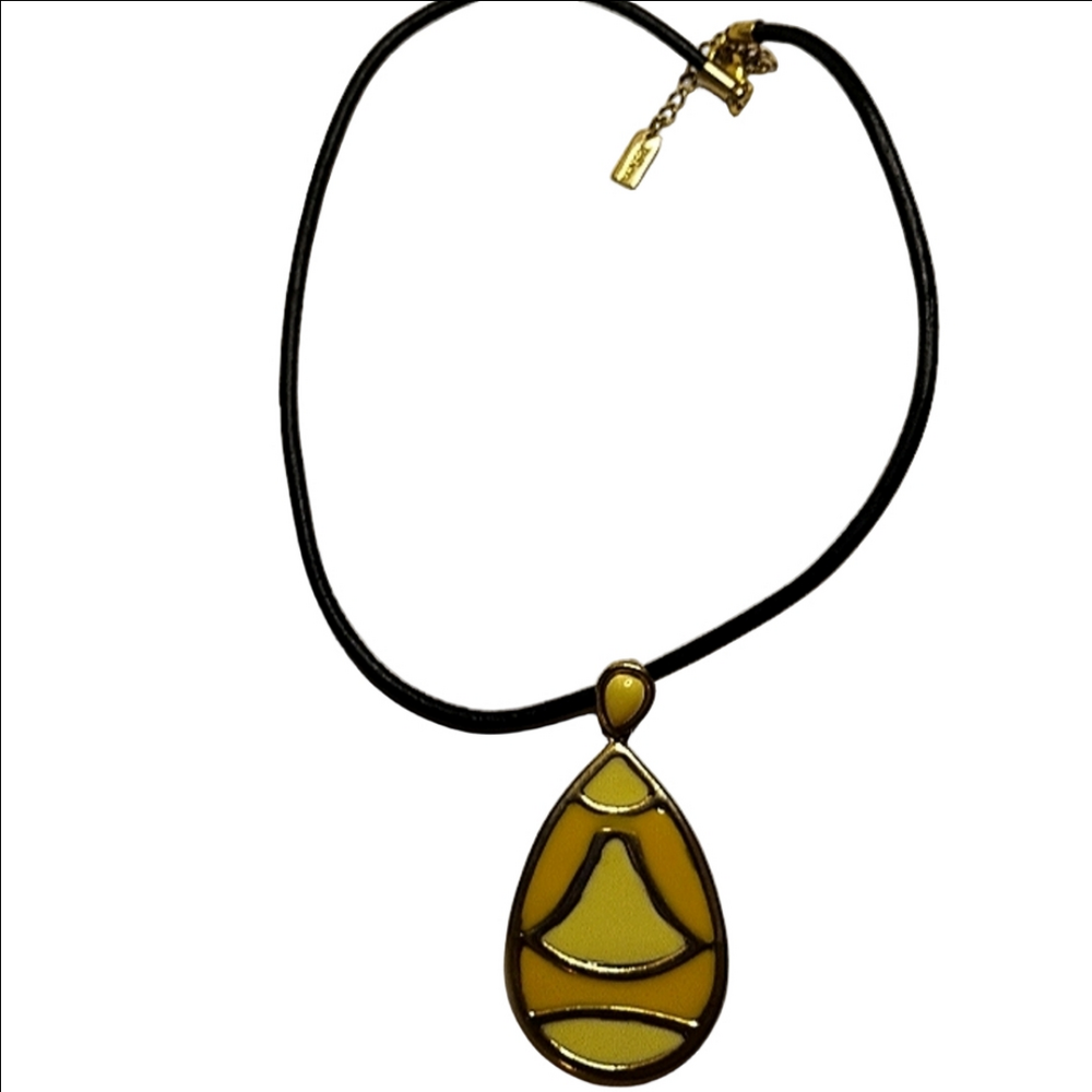 Vintage Liz & Co Leather Silver and Yellow Tone Pendant Necklace - Picture 2 of 4